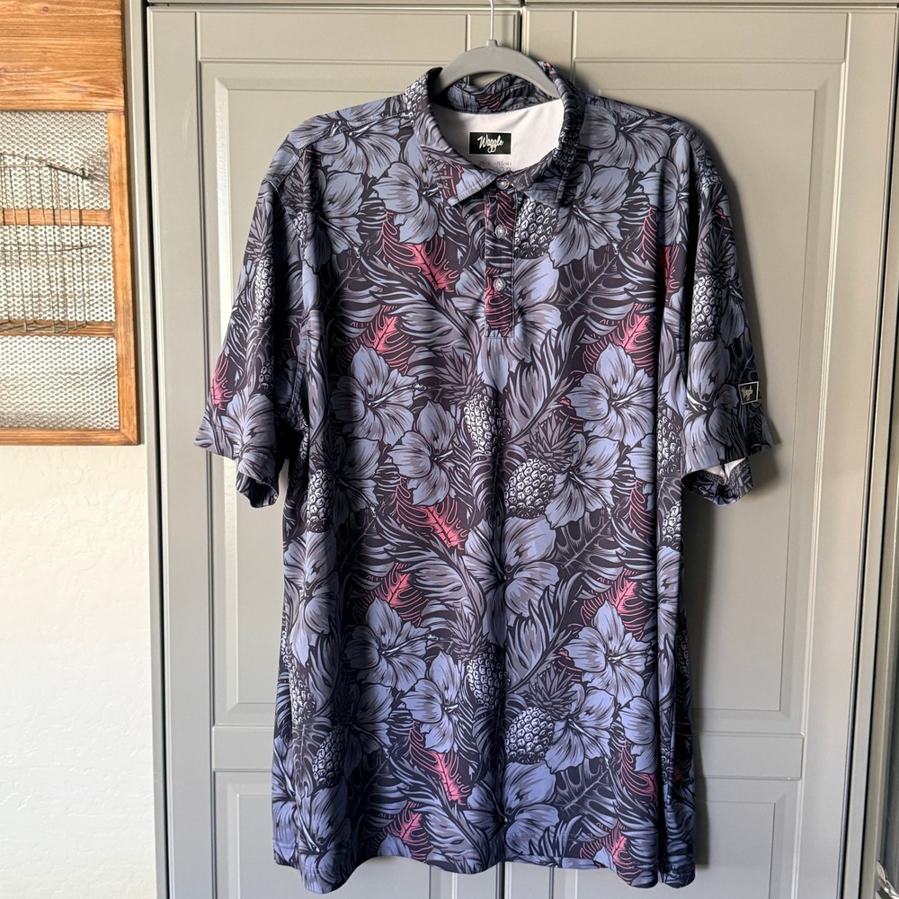 Waggle Men's Tropical Twilight Short Sleeve Performance Polo, Navy Black,2XL